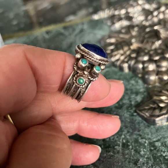 Genuine Lapis & Turquoise Sterling Silver Ring - Picture 4 of 8